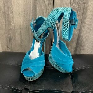 White House Black Market Teal Suede Chunky Heel Open Toe Shoes Women's Size 6M